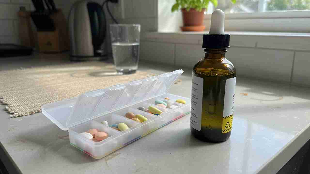 Weekly pill organizer beside an amber CBD tincture and a glass of water