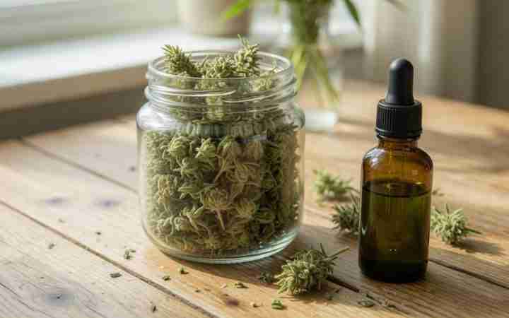 Glass jar of dried hemp flower next to an amber CBD oil dropper bottle on a wooden table