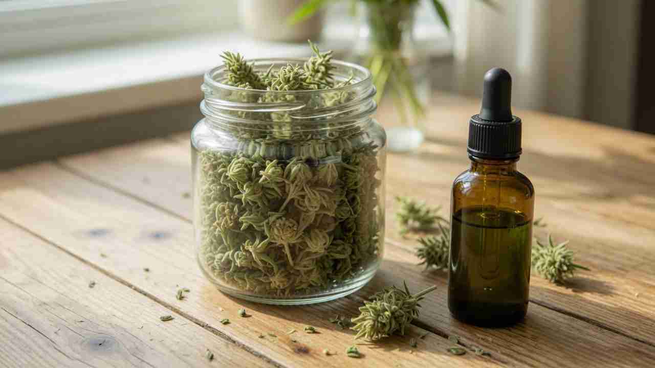 Glass jar of dried hemp flower next to an amber CBD oil dropper bottle on a wooden table