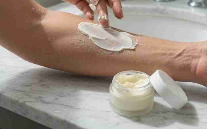 Plain moisturizer tub beside a small unscented CBD cream jar on a white bathroom shelf