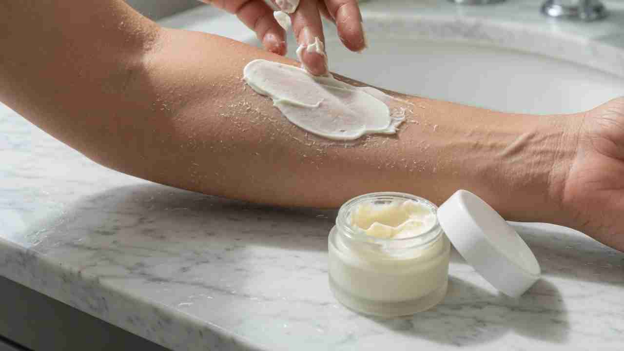 Plain moisturizer tub beside a small unscented CBD cream jar on a white bathroom shelf