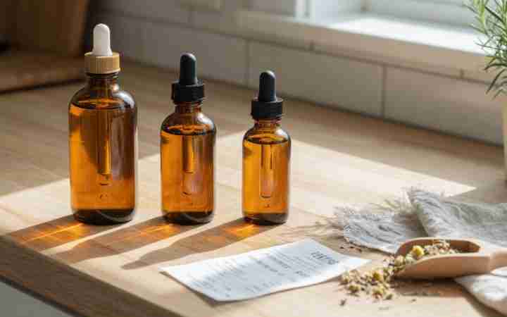 Three amber CBD tincture bottles labeled 500 mg, 1000 mg, and 3000 mg lined up on a kitchen counter