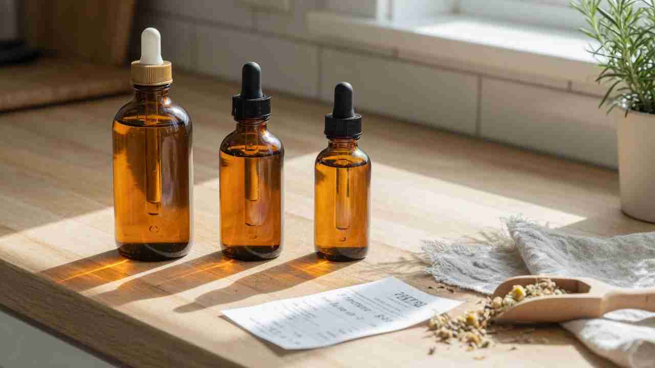 Three amber CBD tincture bottles labeled 500 mg, 1000 mg, and 3000 mg lined up on a kitchen counter