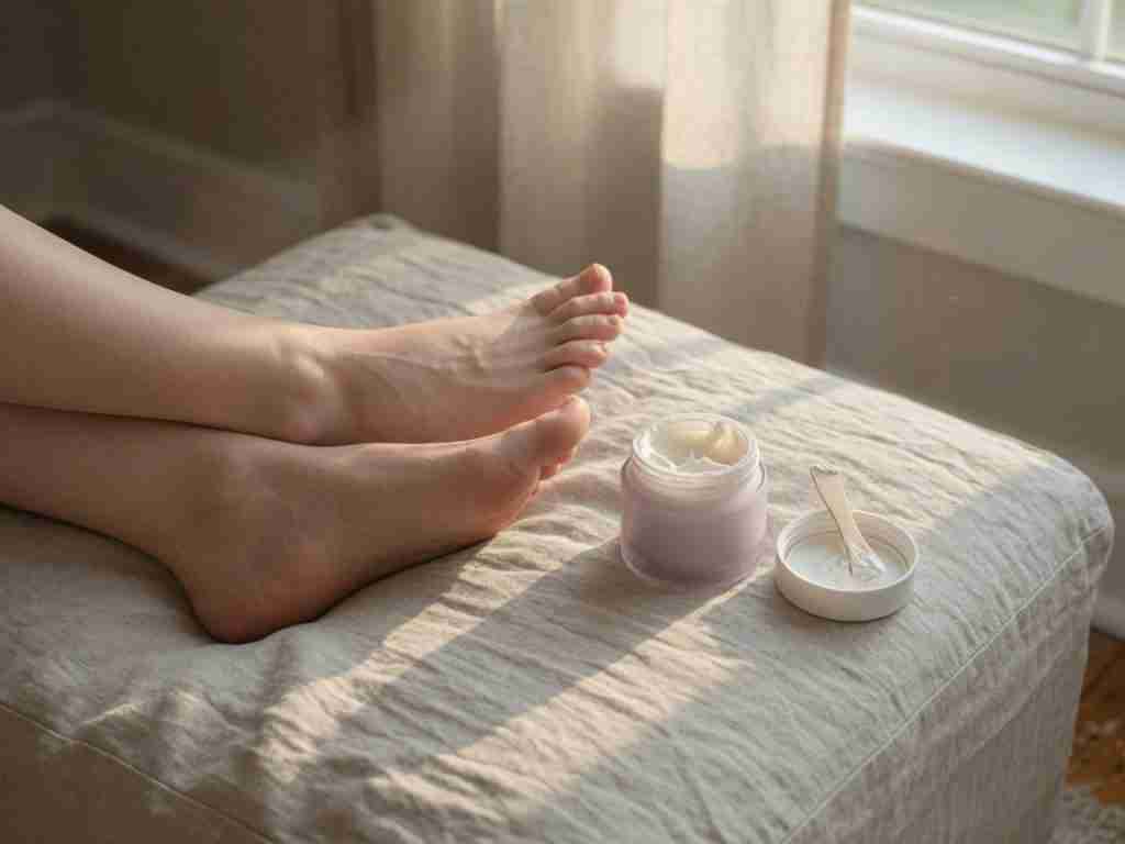 Bare feet resting on a low stool with a pair of soft socks nearby
