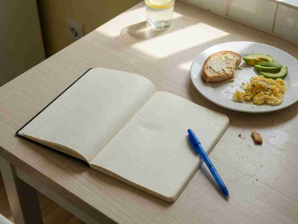 Open notebook tracking meals and Bristol stool types beside a marked CBD dropper