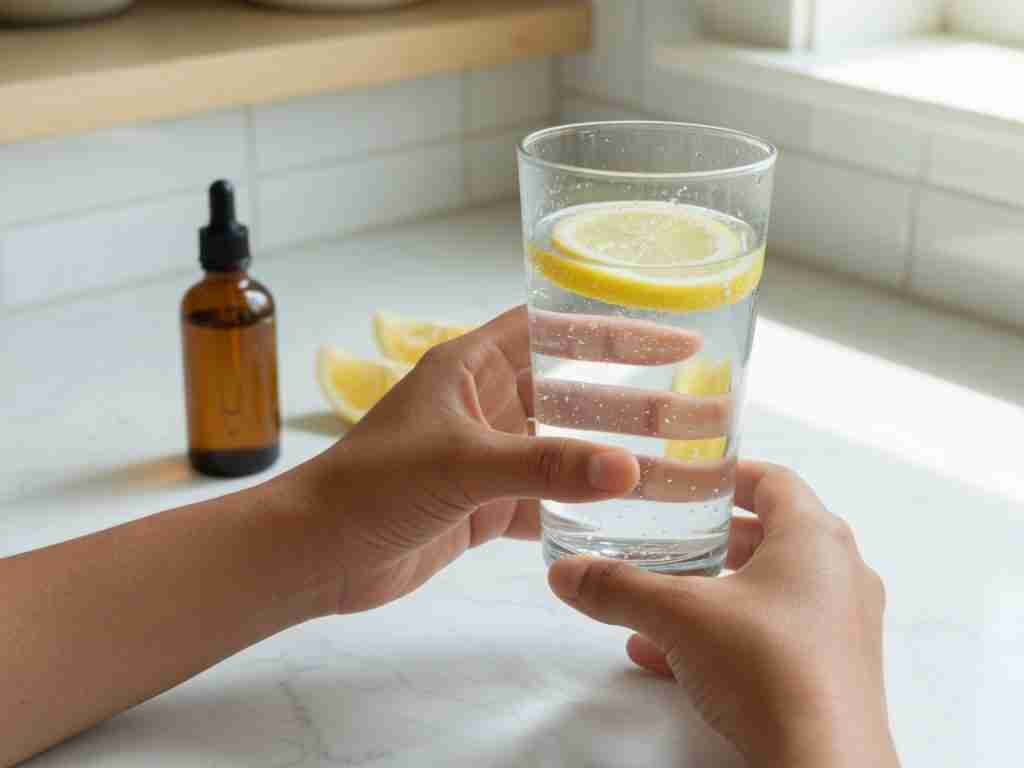 Tall glass of water on a table with a closed CBD bottle in the background