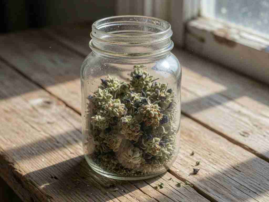 Open glass jar of dried hemp buds with a small scale nearby