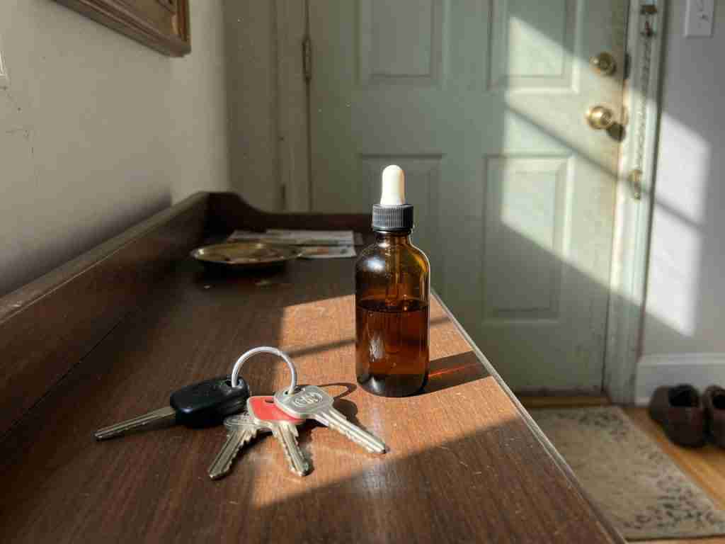 House keys and car keys hanging on a wall hook at dusk