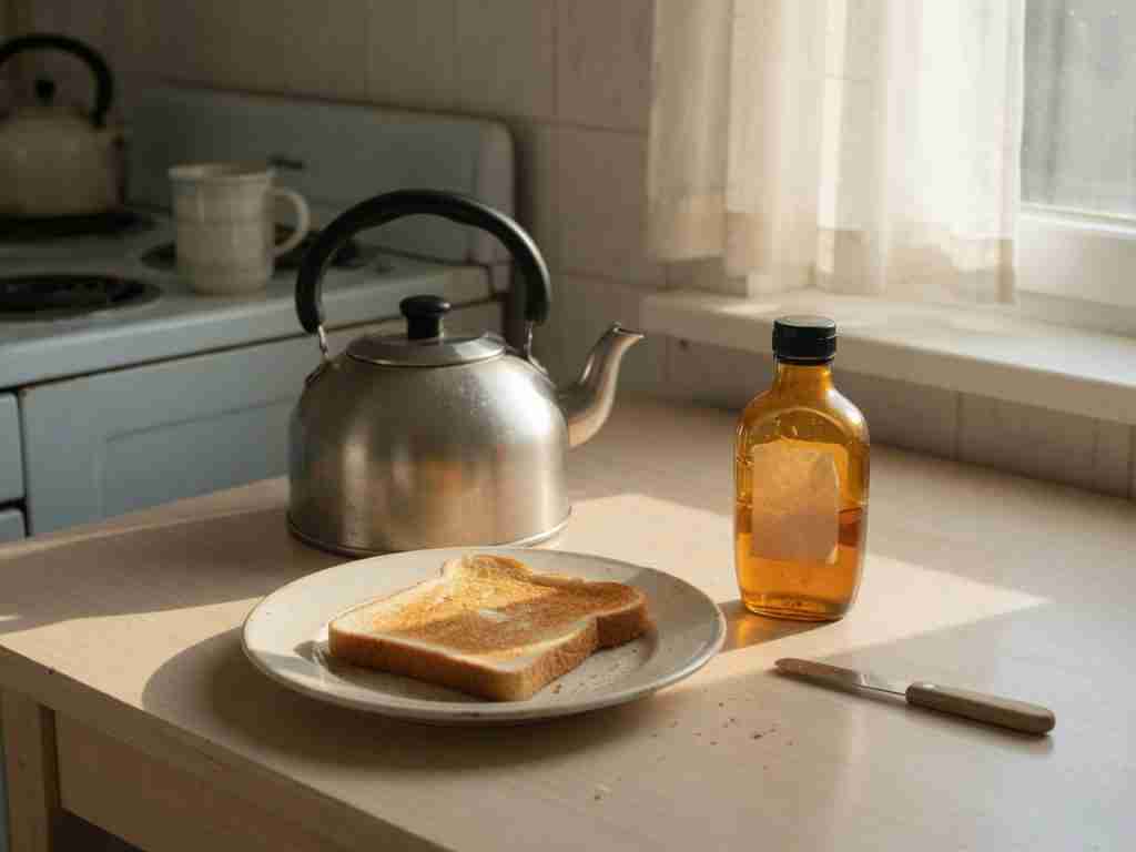 Simple kitchen table with herbal tea, a small amber bottle, and a bland snack plate