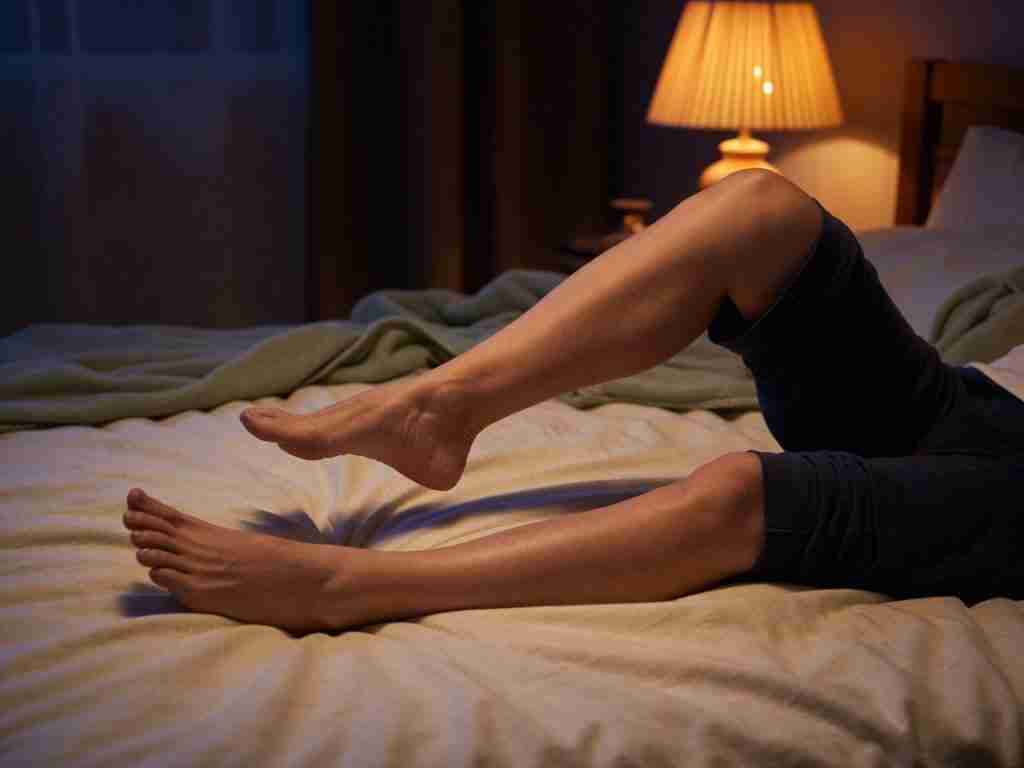 Person sitting on the edge of a bed at night rubbing calves, lamp on