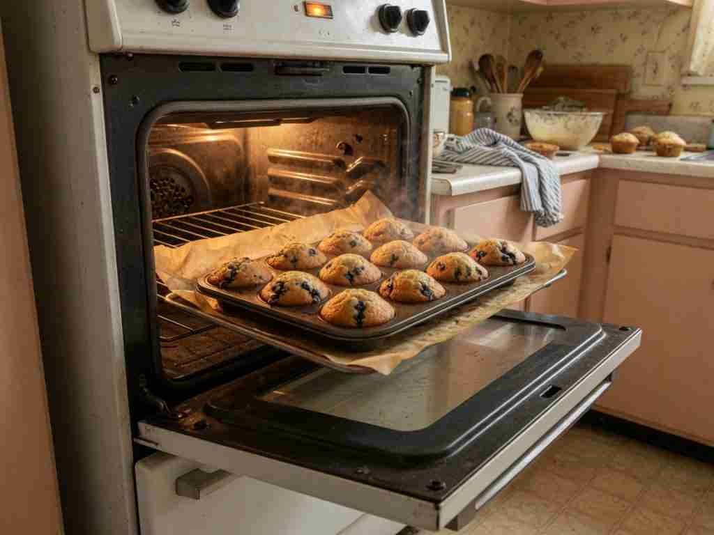 Kitchen oven set near 325°F with a baking tray of muffins in the foreground