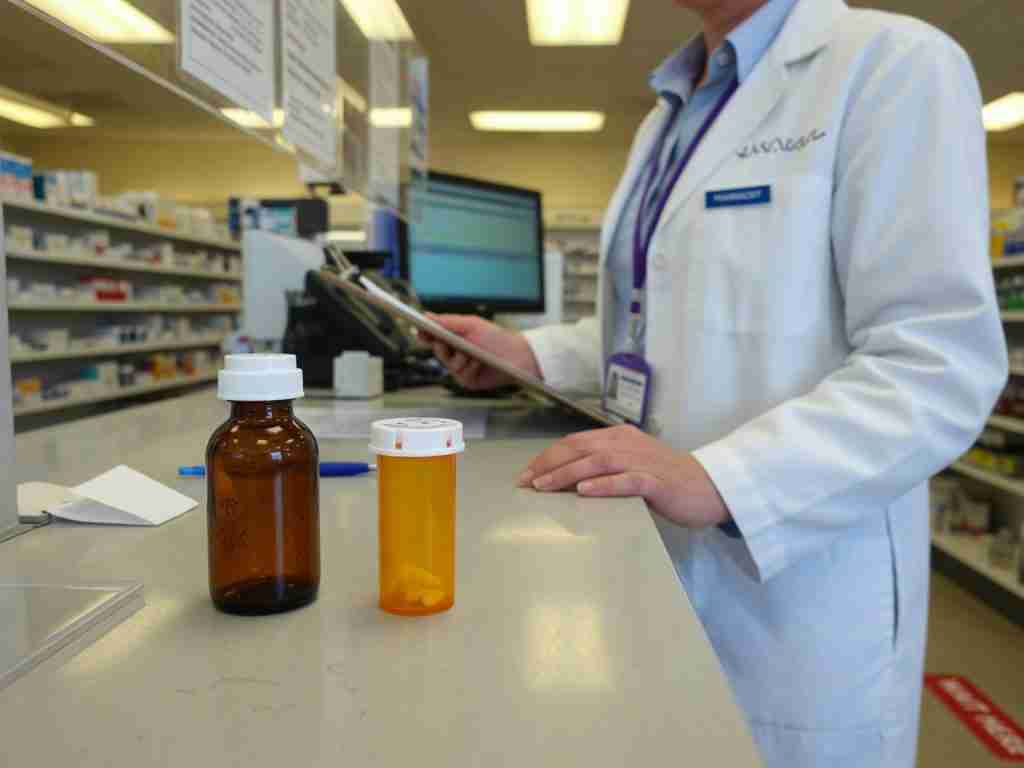 Person at a pharmacy counter holding a medication list and a CBD bottle