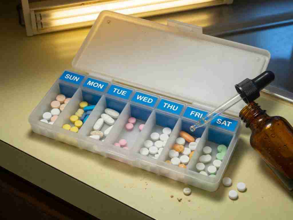 Open pillbox with labeled days next to a small CBD oil bottle