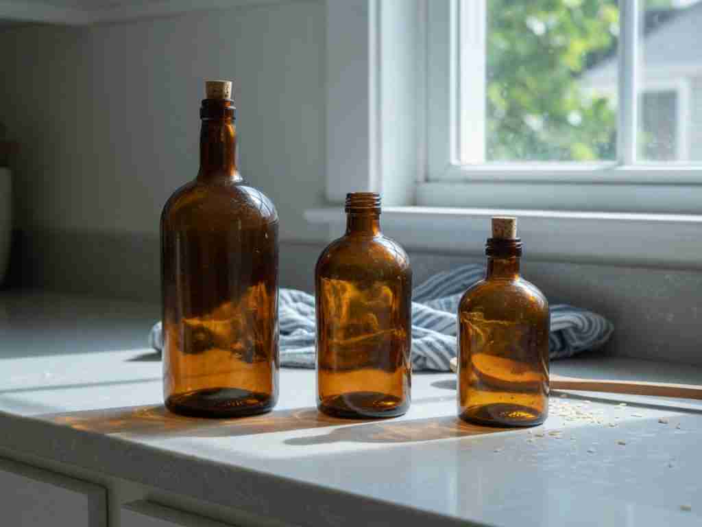 Close-up of three amber dropper bottles of different CBD strengths