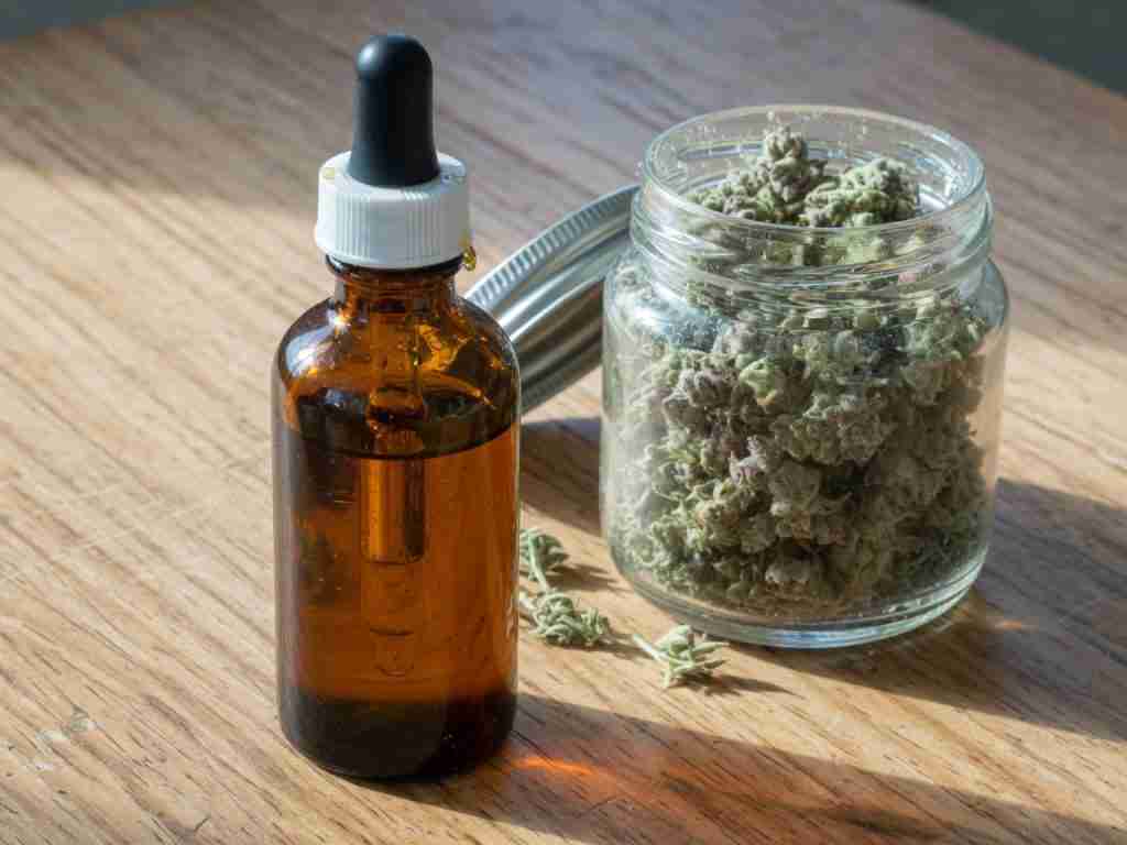 Amber tincture bottle with a 1 ml marked dropper held above it
